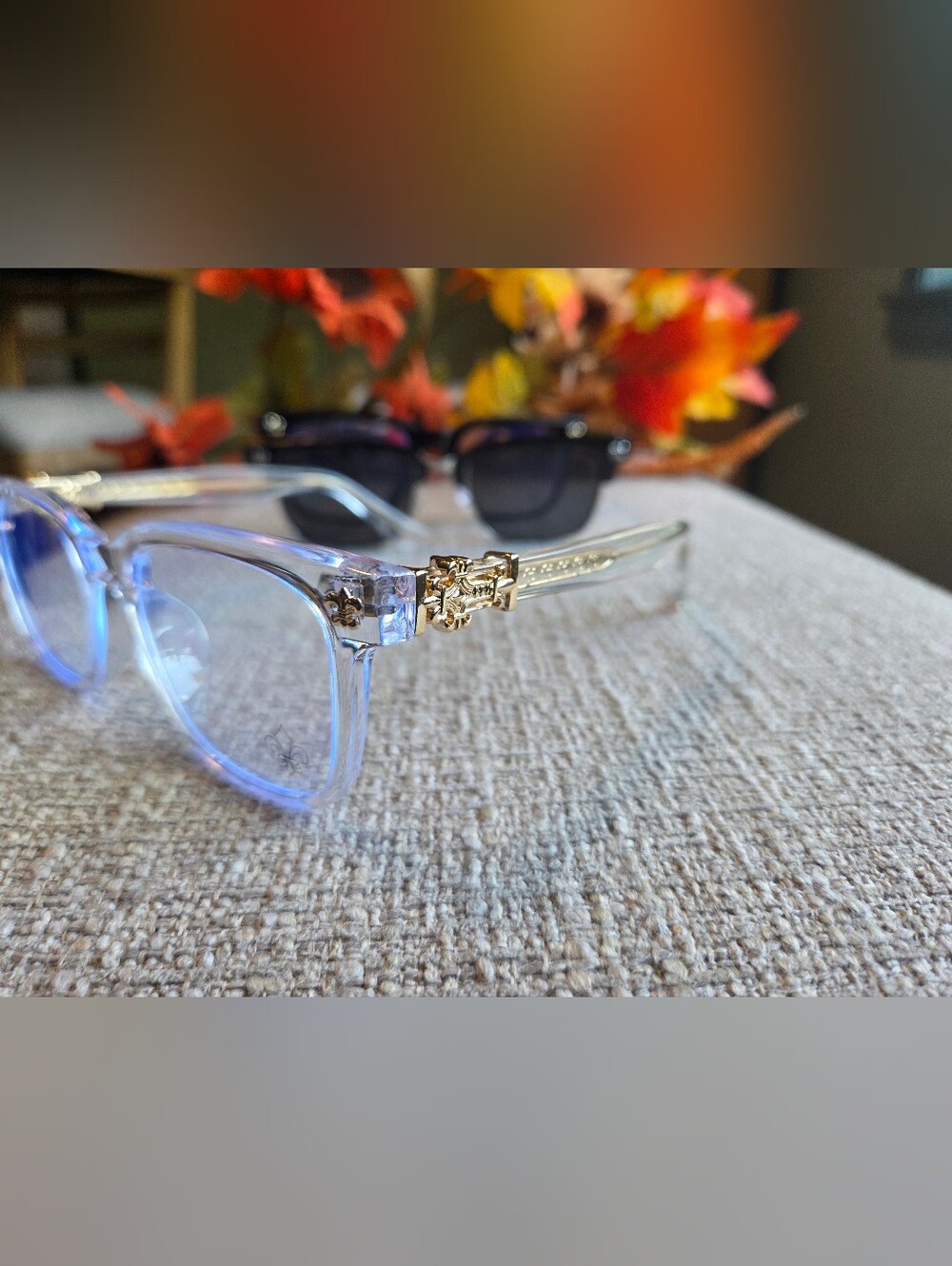 Clear Frame Sunglasses with Gold Fleur-Decor Temples